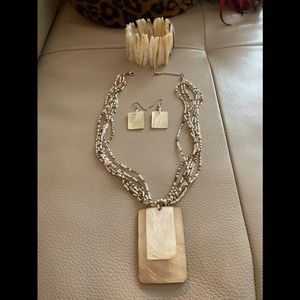 Polished Shell & Beads Necklace, Bracelet & Pierced Earrings Set. 4 pieces